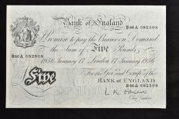 A BANK OF ENGLAND L K O'BRIEN WHITE FIVE POUNDS B86A January 7th 1956 (Nice Clean Note)