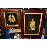 TWO VICTORIAN GILT METAL RELIEF PLAQUES DEPICTING FIGURES IN HISTORICAL DRESS, Rosewood veneer