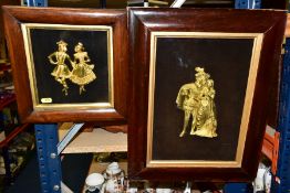 TWO VICTORIAN GILT METAL RELIEF PLAQUES DEPICTING FIGURES IN HISTORICAL DRESS, Rosewood veneer