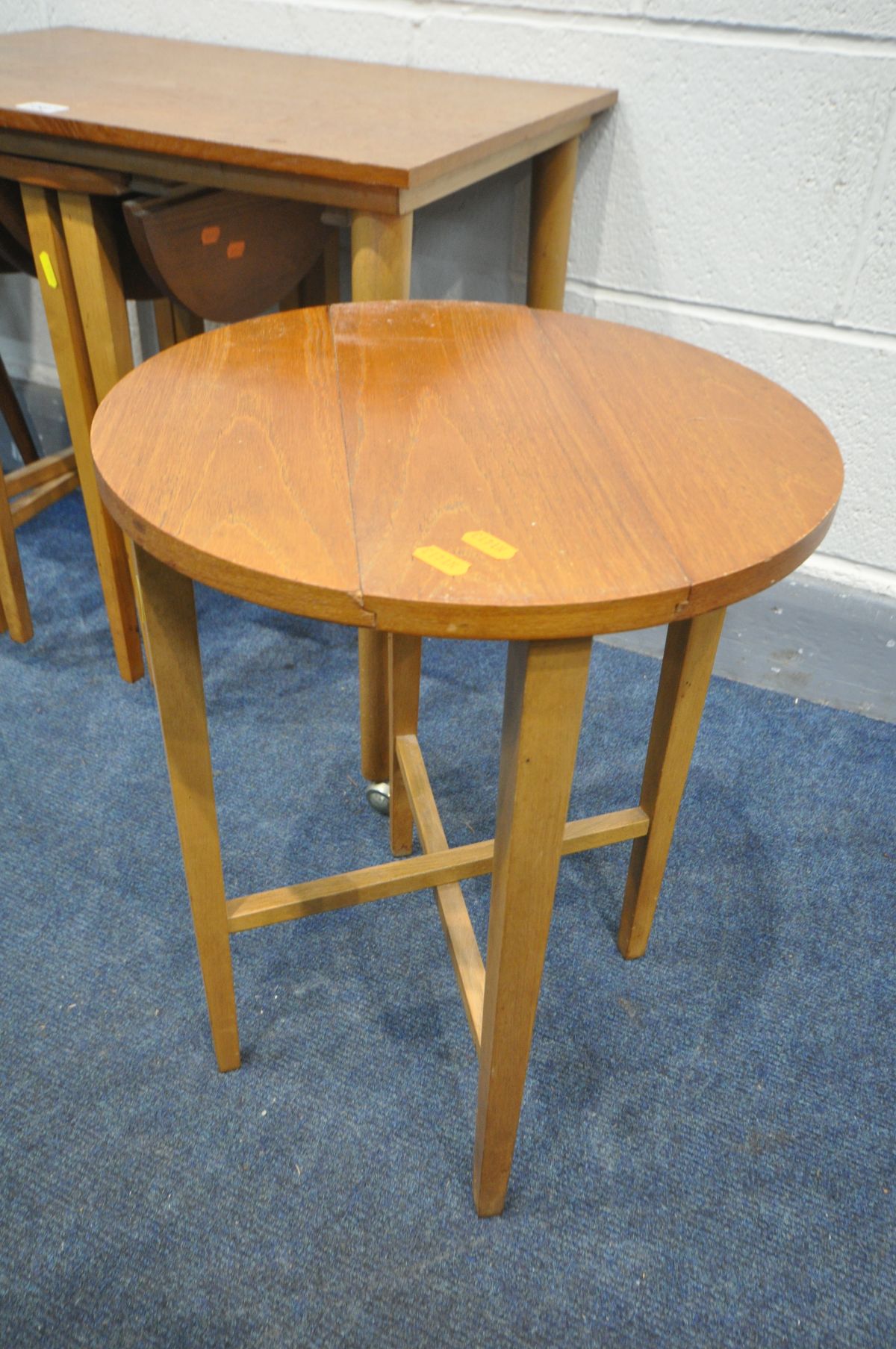 POSSIBLY POUL HUNDEVAD NESTING TABLES, with three fold circular tables, and a 1930's sewing box, - Image 3 of 5