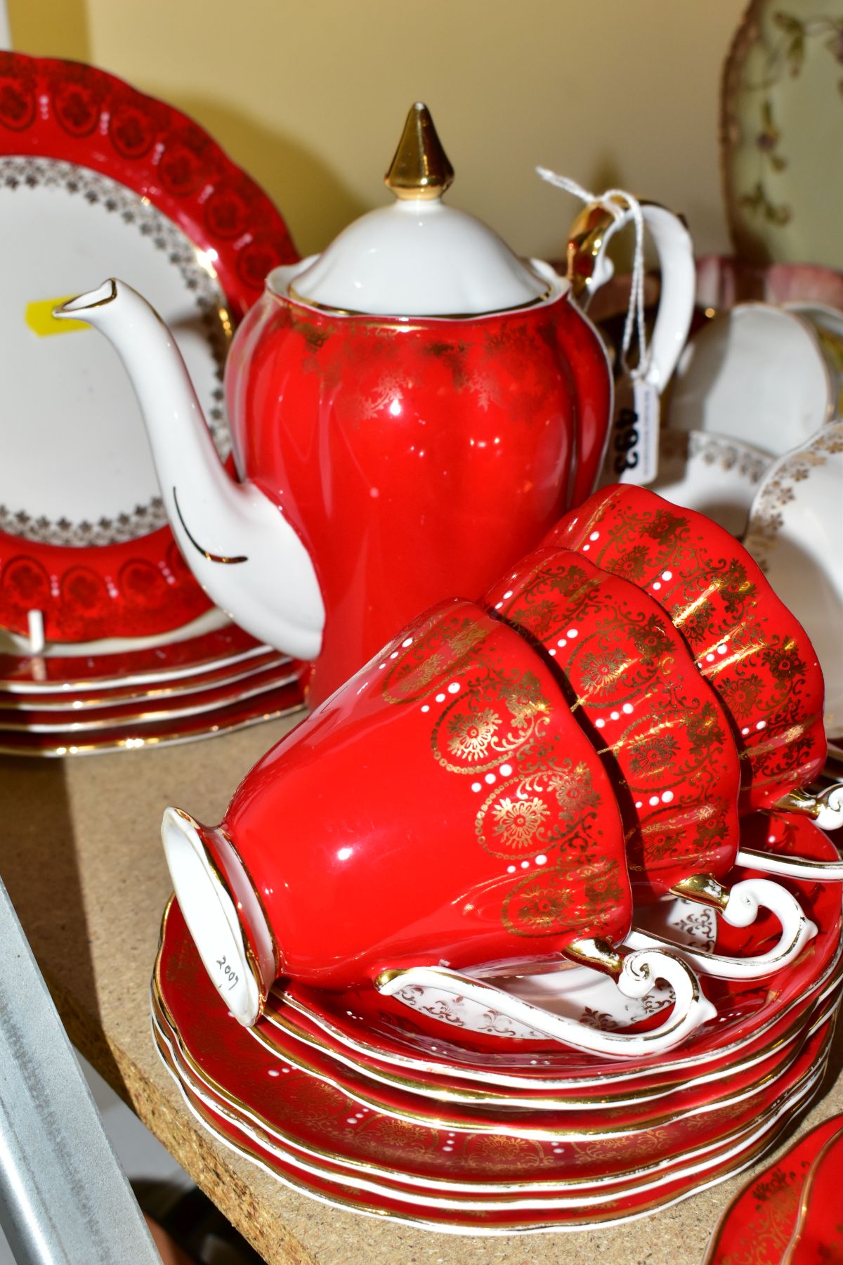 A SET OF SIX MALING RED LUSTRE SUNDAE DISHES AND THREE PART TEA SETS, comprising a fourteen piece - Image 7 of 14