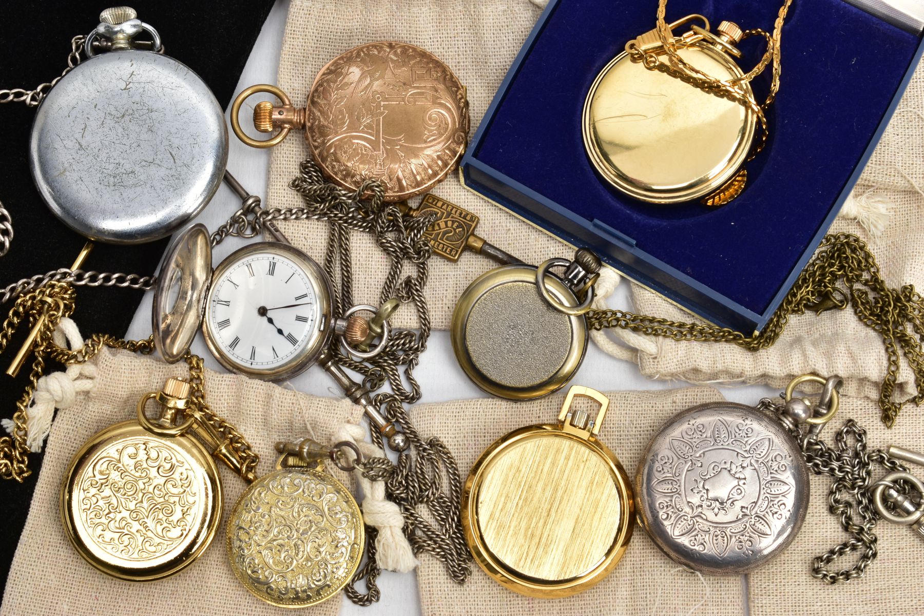A BAG OF POCKET WATCHES, to include a small open face pocket watch with a round white dial, Roman - Image 5 of 8