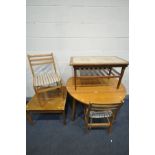 A TEAK DROP LEAF KITCHEN TROLLEY, open diameter 112cm x closed depth 65cm x height 73cm, two chairs,