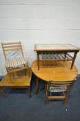 A TEAK DROP LEAF KITCHEN TROLLEY, open diameter 112cm x closed depth 65cm x height 73cm, two chairs,