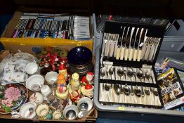 FOUR BOXES OF CERAMICS, GLASS, DVDS, CDS, CASED CUTLERY, ETC, including a Vale bone china twenty