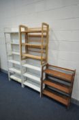 FIVE FOLDING STACKING BOOKCASES, three white painted, one stained and one beech