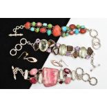 THREE LARGE SEMI-PRECIOUS GEM SET BRACELETS, the first a large silver abstract bracelet set with