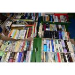 SIX BOXES OF HARDBACK AND PAPERBACK BOOKS, approximately 230 titles, mostly paperback novels in used