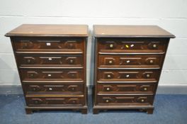 A PAIR OF MAHOGANY CHEST OF FIVE LONG DRAWERS, width 75cm x depth 41cm x height 100cm