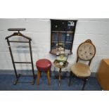 A MAHOGANY VALET STAND (missing one shelf support), along with an Italian chair, wine table,