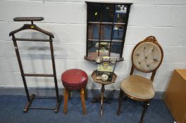 A MAHOGANY VALET STAND (missing one shelf support), along with an Italian chair, wine table,