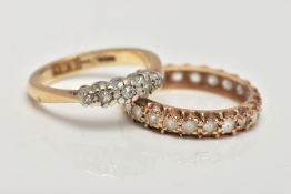 A 9CT GOLD DIAMOND HALF ETERNITY RING AND A CUBIC ZIRCONIA FULL ETERNITY RING, the first set with