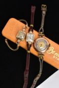 THREE 9CT GOLD WRISTWATCHES, the first a with a hand wound movement, round two tone dial, Roman