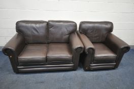 A THOMAS LLOYD BROWN LEATHER THREE PIECE LOUNGE SUITE, comprising a two seater sofa, armchair and