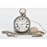 A SILVER OPEN FACE POCKET WATCH AND ALBERT CHAIN, the pocket watch with a round white dial signed '