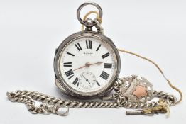 A SILVER OPEN FACE POCKET WATCH AND ALBERT CHAIN, the pocket watch with a round white dial signed '