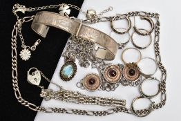 A BAG OF SILVER AND WHITE METAL JEWELLERY, to include a silver hinged bangle decorated with a floral