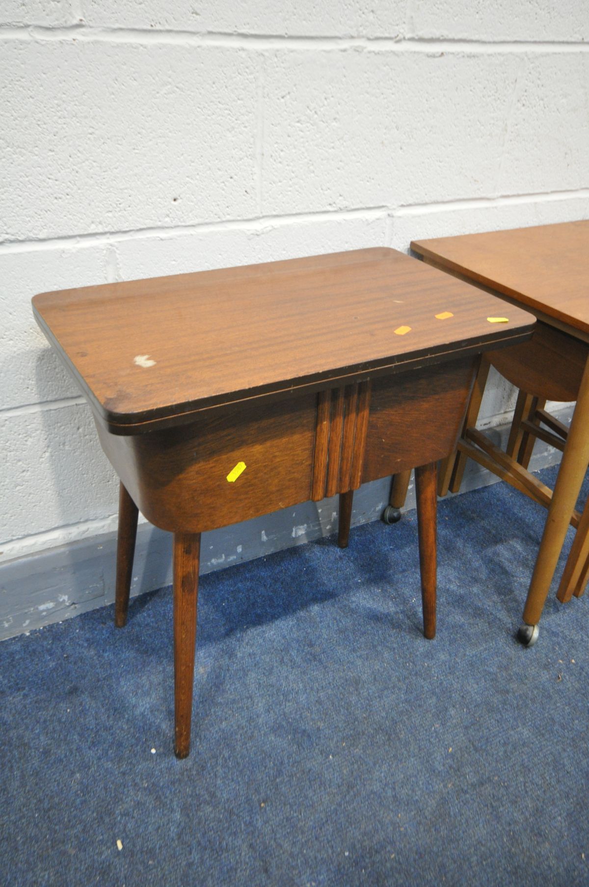 POSSIBLY POUL HUNDEVAD NESTING TABLES, with three fold circular tables, and a 1930's sewing box, - Image 4 of 5