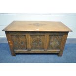 A CARVED OAK BLANKET CHEST, width 91cm x depth 44cm x height 51cm (condition:-fluid stains to