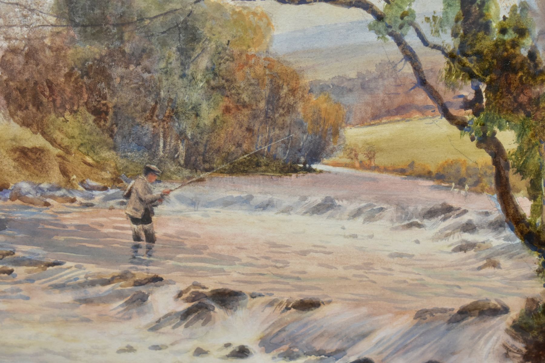 SAM GARRATT (1864-1946) A FLY FISHERMAN WADING IN A TREE LINED RIVER, signed bottom right, - Image 3 of 4