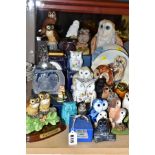 A COLLECTION OF OWL ORNAMENTS, ETC, including an Aynsley Cottage Garden jar and cover and another