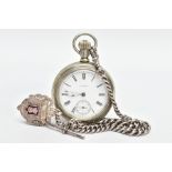 A 'WALTHAM' OPEN FACE POCKET WATCH WITH SILVER ALBERT CHAIN, (working) round white dial signed '