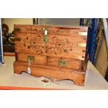A MODERN INDIAN BRASS INLAID HARDWOOD RECTANGULAR CHEST, the hinged top fitted with clasp, the