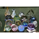 A COLLECTION OF FOURTEEN CAITHNESS AND OTHER PAPERWEIGHTS AND TWO CAITHNESS BUD VASES, height of