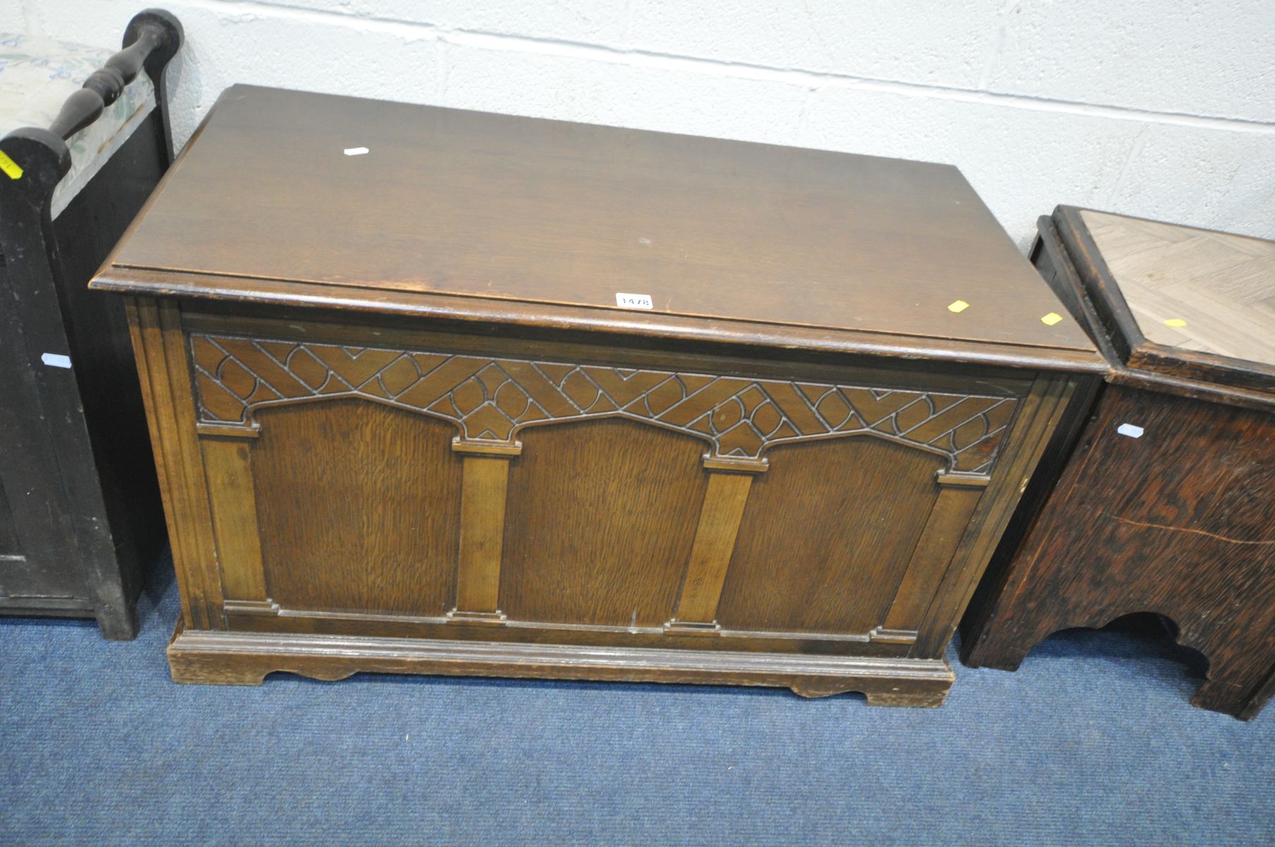 AN OAK BLANKET CHEST, an Edwardian mahogany piano, beech tea trolley and an oak storage box (4) - Image 2 of 3