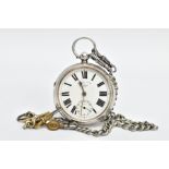 A SILVER OPEN FACE POCKET WATCH WITH ALBERT CHAIN, working condition with keys, round white dial