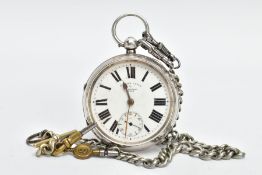 A SILVER OPEN FACE POCKET WATCH WITH ALBERT CHAIN, working condition with keys, round white dial