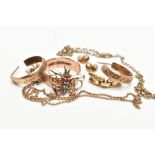 A BAG OF ASSORTED GOLD ITEMS, to include a 9ct rose gold wide band ring, plain polished design,