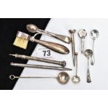 A TRAY OF SILVER AND WHITE METAL ITEMS, to include a pair of plain polished sugar tongs,