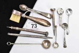 A TRAY OF SILVER AND WHITE METAL ITEMS, to include a pair of plain polished sugar tongs,