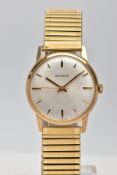 A GENTS GOLD 'MONDIA' WRISTWATCH, hand wound movement, round white dial signed 'Mondia, Swiss made',