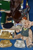 TWO BOXES AND LOOSE BOOKS, FUR CAPE, EVENING BAGS AND SUNDRY ITEMS, to include nine books with