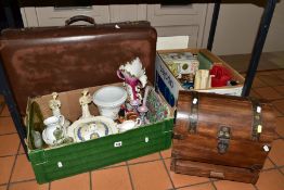 TWO BOXES AND LOOSE CERAMICS, VINTAGE SUITCASE, SCALEXTRIC CARS, EPHEMERA AND SUNDRY ITEMS, to