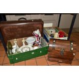 TWO BOXES AND LOOSE CERAMICS, VINTAGE SUITCASE, SCALEXTRIC CARS, EPHEMERA AND SUNDRY ITEMS, to