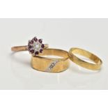 THREE 9CT GOLD RINGS, to include a diamond and ruby cluster ring set with one illusion set round