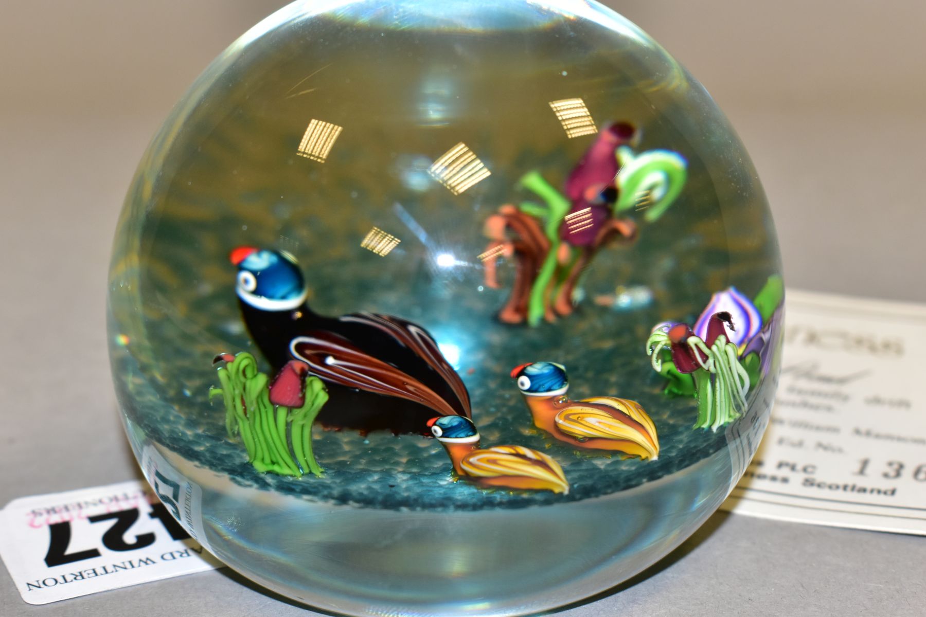 A LIMITED EDITION CAITHNESS GLASS DUCK POND PAPERWEIGHT, with certificate, featuring a colourful - Image 3 of 5