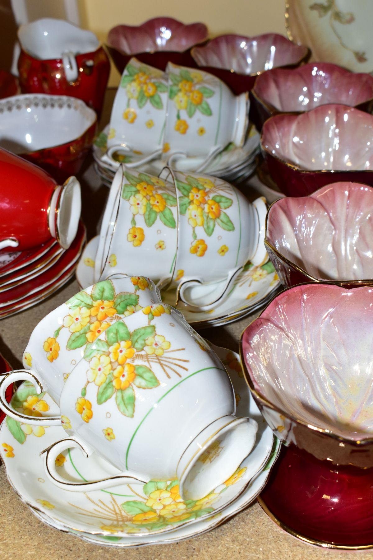 A SET OF SIX MALING RED LUSTRE SUNDAE DISHES AND THREE PART TEA SETS, comprising a fourteen piece - Image 8 of 14