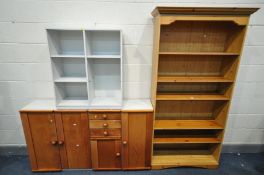 A MODERN PINE OPEN BOOKCASE, width 94cm x depth 35cm x height 186cm, along with three bookcases, two