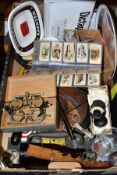 A BOX OF TOOLS, OPTICAL EQUIPMENT AND SUNDRY ITEMS, to include a large pair of George Barnsley &