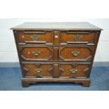 A 17TH CENTURY OAK JACOBEAN LANCASHIRE CHEST, converted from a chest of three drawers, the iron