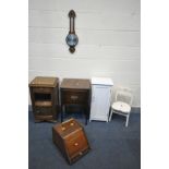 A GEORGIAN STYLE MAHOGANY SINGLE DRAWER CABINET, a French oak bedside cabinet, an Edwardian