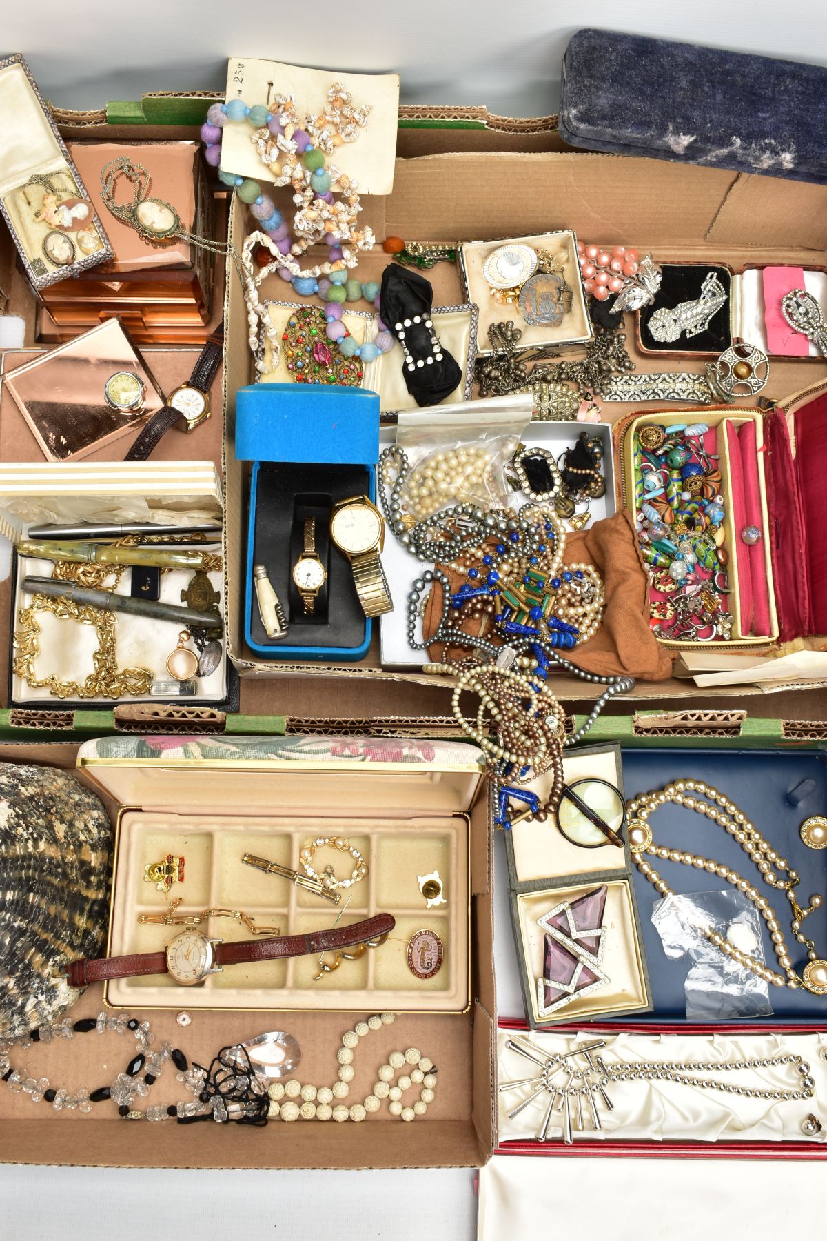 A BOX OF ASSORTED ITEMS, to include various early to mid-20th century costume jewellery pieces,