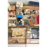 A BOX OF ASSORTED ITEMS, to include various early to mid-20th century costume jewellery pieces,