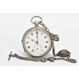 A SILVER OPEN FACE POCKET WATCH AND ALBERTINA, (working) round white dial, Roman numerals, seconds