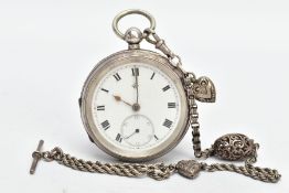 A SILVER OPEN FACE POCKET WATCH AND ALBERTINA, (working) round white dial, Roman numerals, seconds