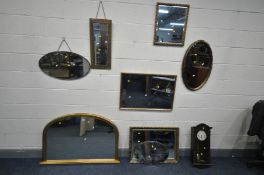 A SELECTION OF WALL MIRRORS, to include a gilt framed overmantel mirror, three gilt framed